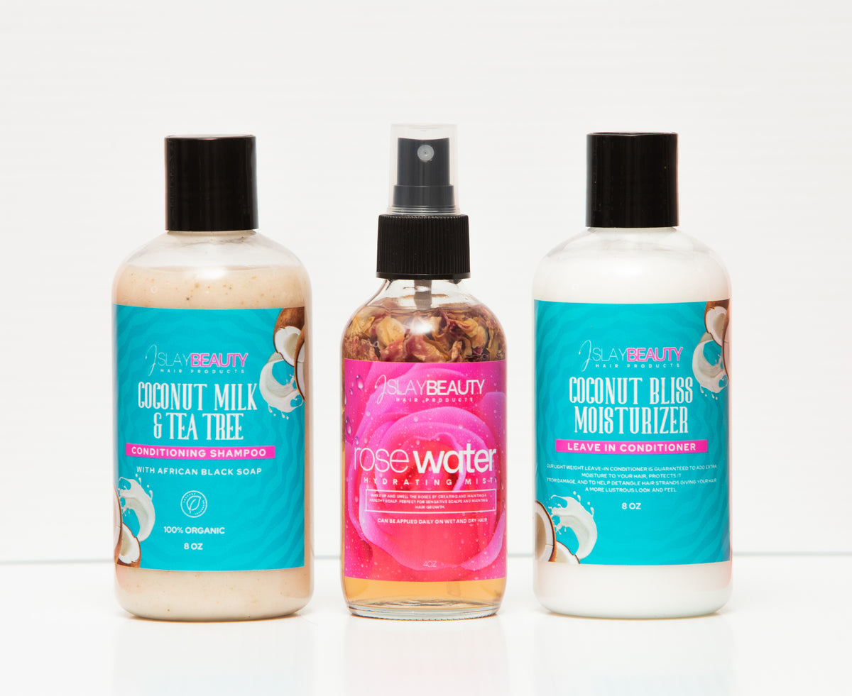 Coconut Milk and Tea Tree Shampoo/Coconut Bliss Leave-in Conditioner and Hydrating Rose Water Spray Mist Collection